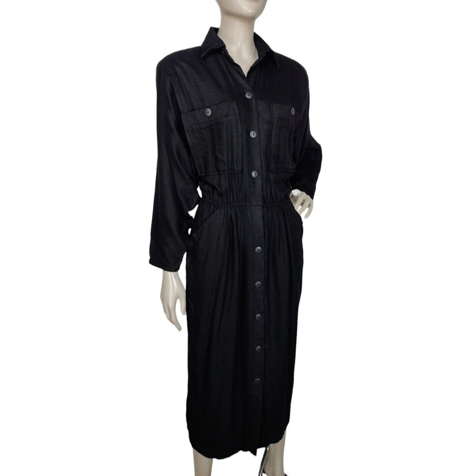 Vintage 80s Phoebe Black Textured Button-Down Batwing Sleeve Midi Wiggle Dress