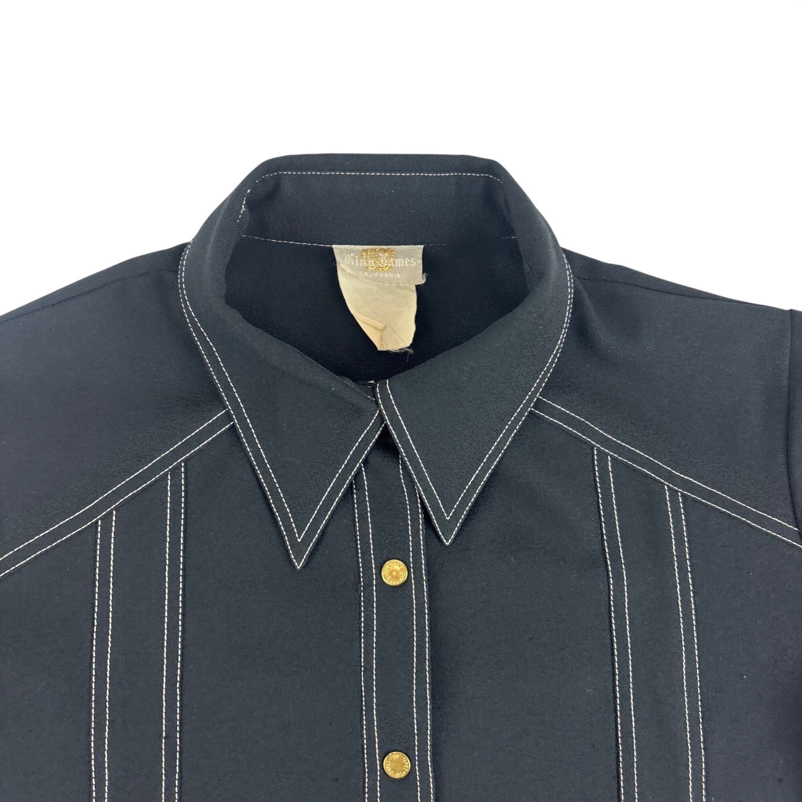 Vintage 70s Black Blouse Womens Large Gold Buttons & Buckles Button Down Shirt