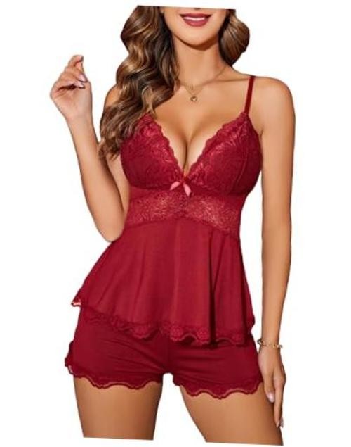 Womens Sweetness Cami Set Lace Camisole Lingerie Nightwear XX-Large 1-wine Red