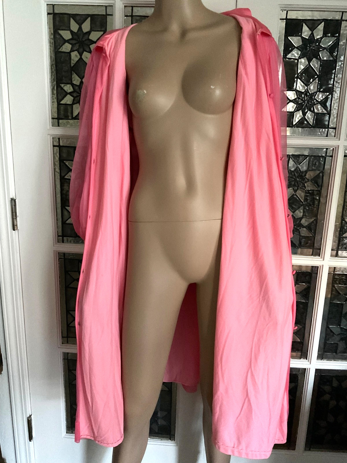 Vintage Robe Dressing Gown Double Layer Sheer Pink Nylon Chiffon Peignoir Robe M