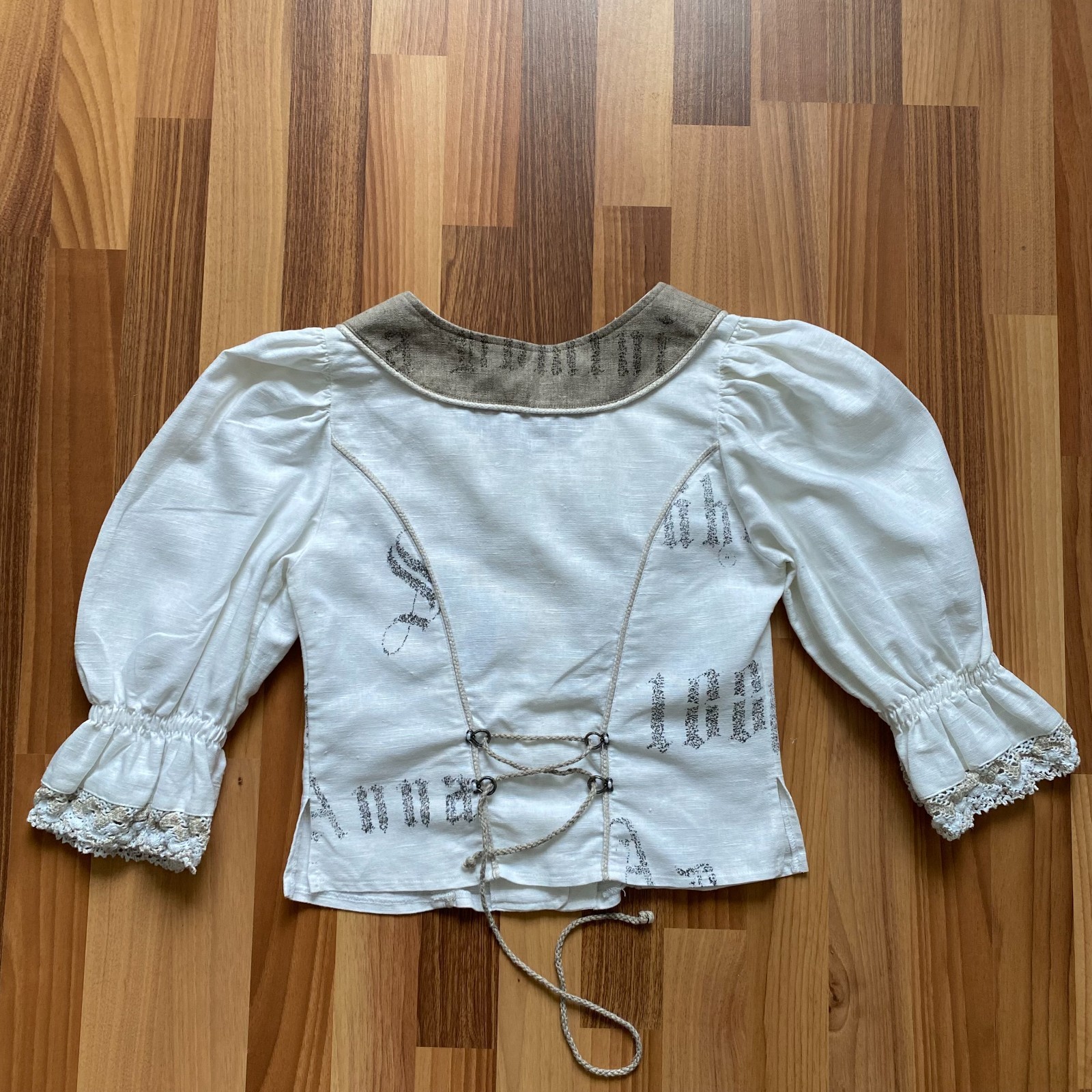 Vintage German Linen Puff Sleeves Blouse Button Front Corset Cottagecore Folk 34