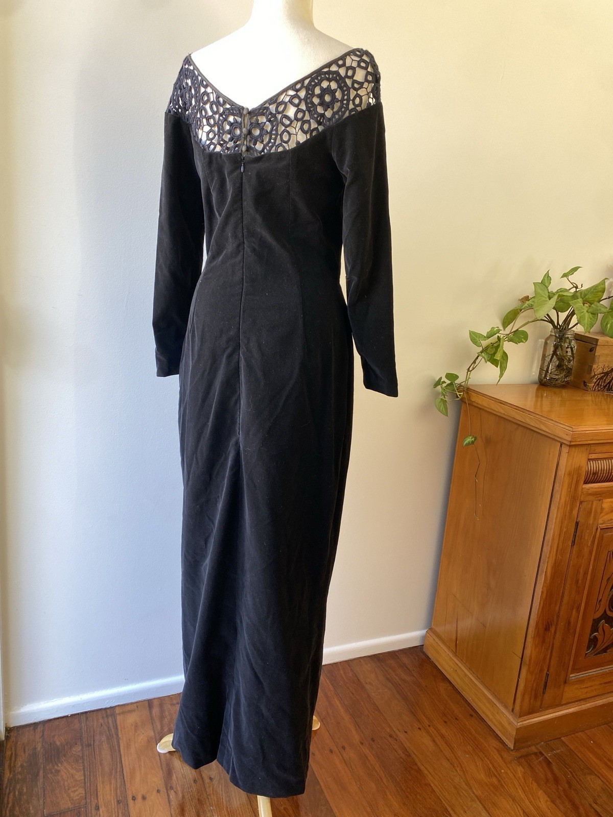 Mariana Hardwick Vintage Black Velvet Dress 12 AU 8 US Lace Long Sleeve Evening