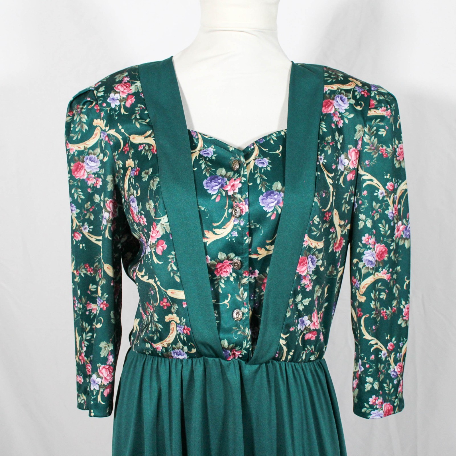 Vintage 70s 80s Hunter Green Floral Dress Cottagecore High Tea Size L–XXL