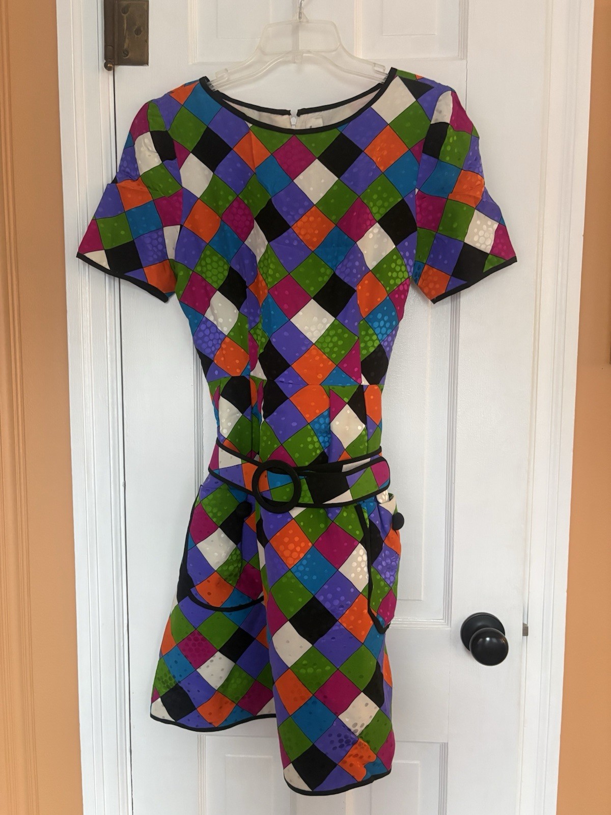 1980s Stanley Platos / Martin Ross Harlequin Diamond Check Silk Dress