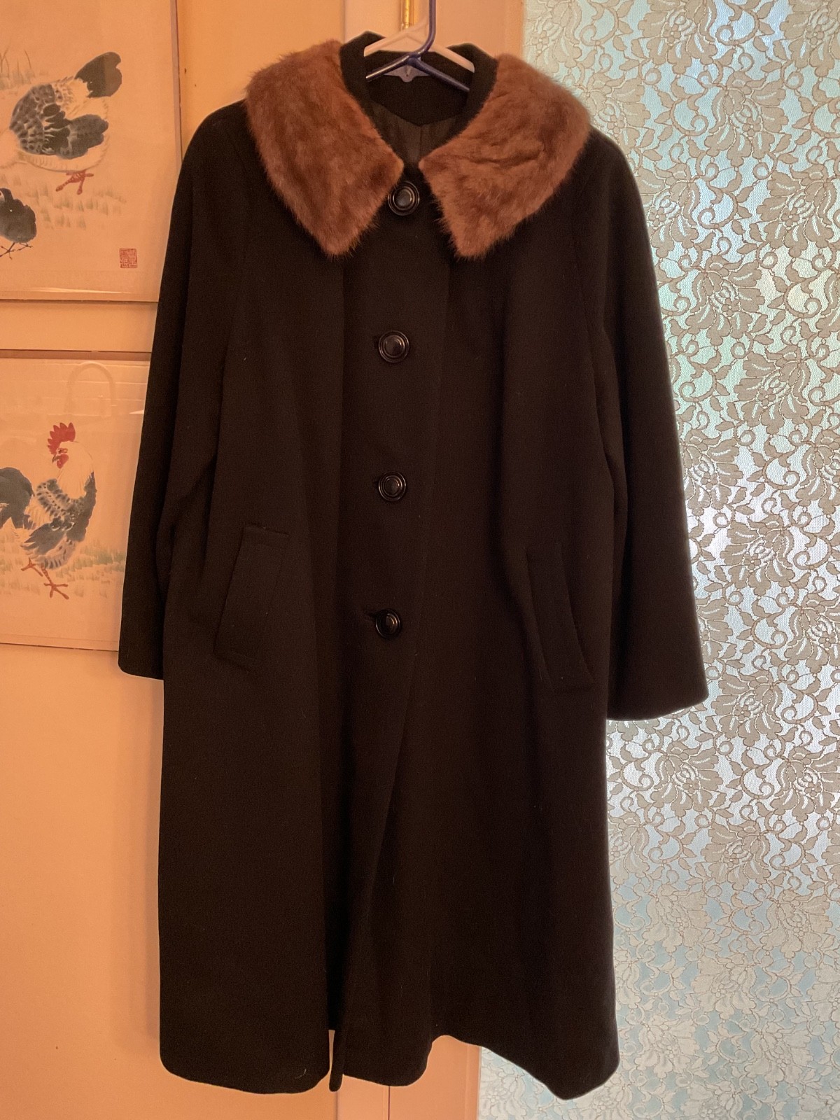 Vintage Women’s 16/18 A-Line Black Wool Dress Coat w/Mink Collar