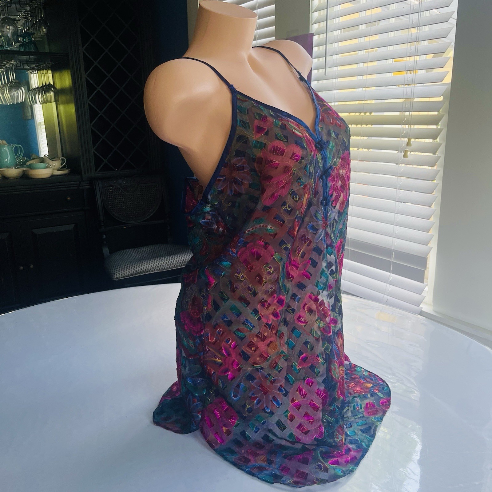 VTG Y2K Nightie Babydoll Slip Semi Sheer Satin Burnout Colorful Sz L