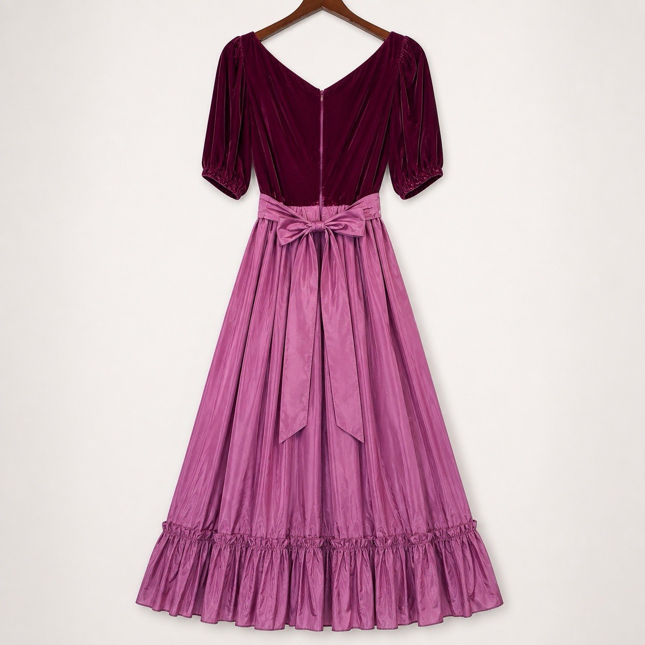 Vintage USA Velvet Taffeta Maxi Dress Burgundy Pink Puff Sleeve 20