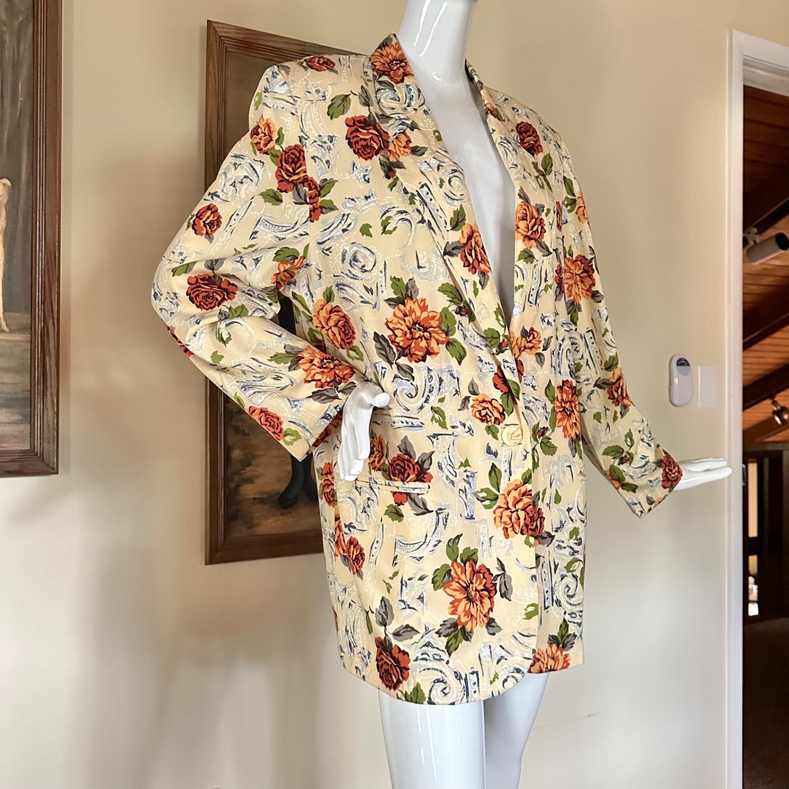 Vintage 90s Yellow Garden Floral Yuppie Blazer Work Wear Coat Jacket L/XL Volup