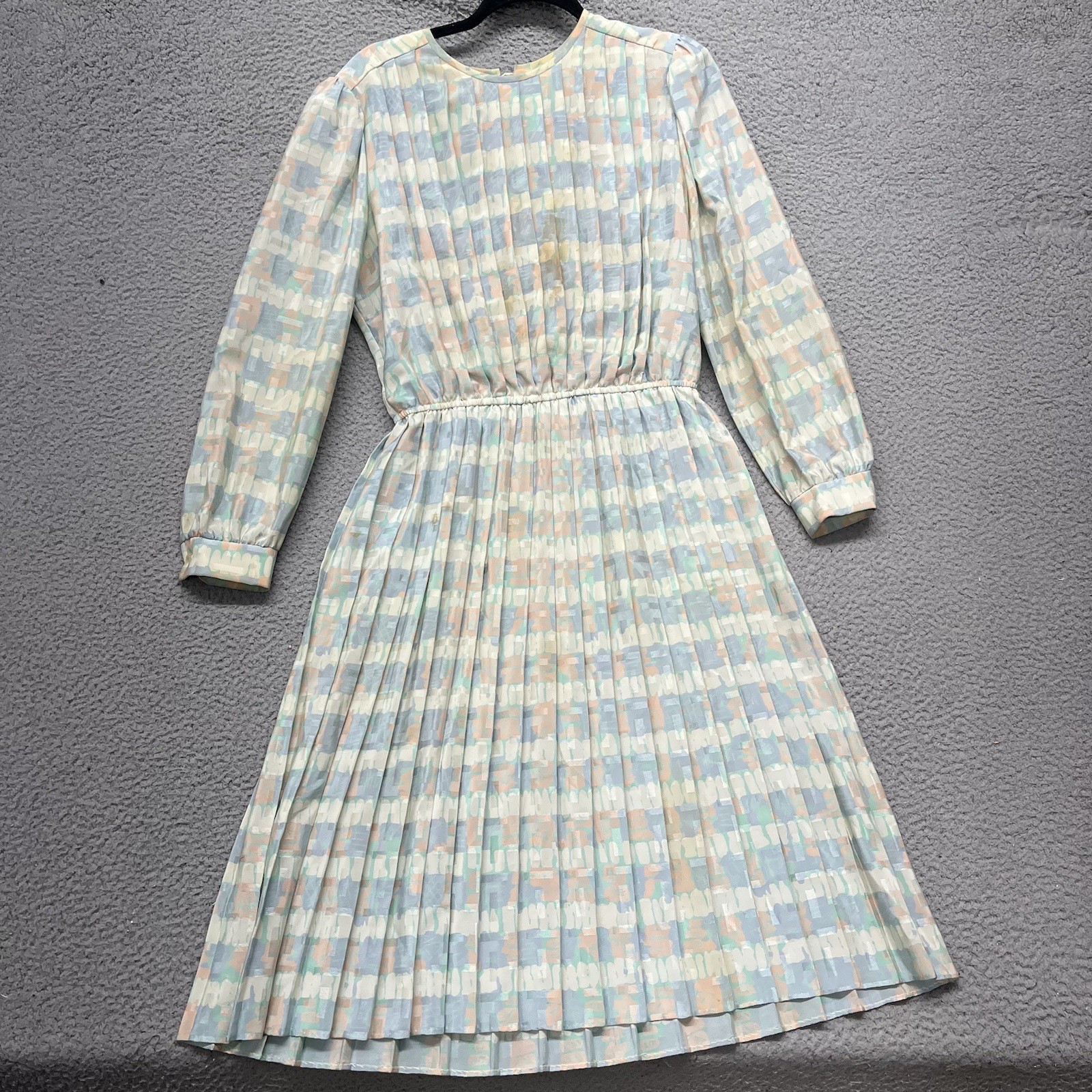 60’s 70’s Mavinette Dress Womens 14 Blue Geometric Accordion Secretary Vintage