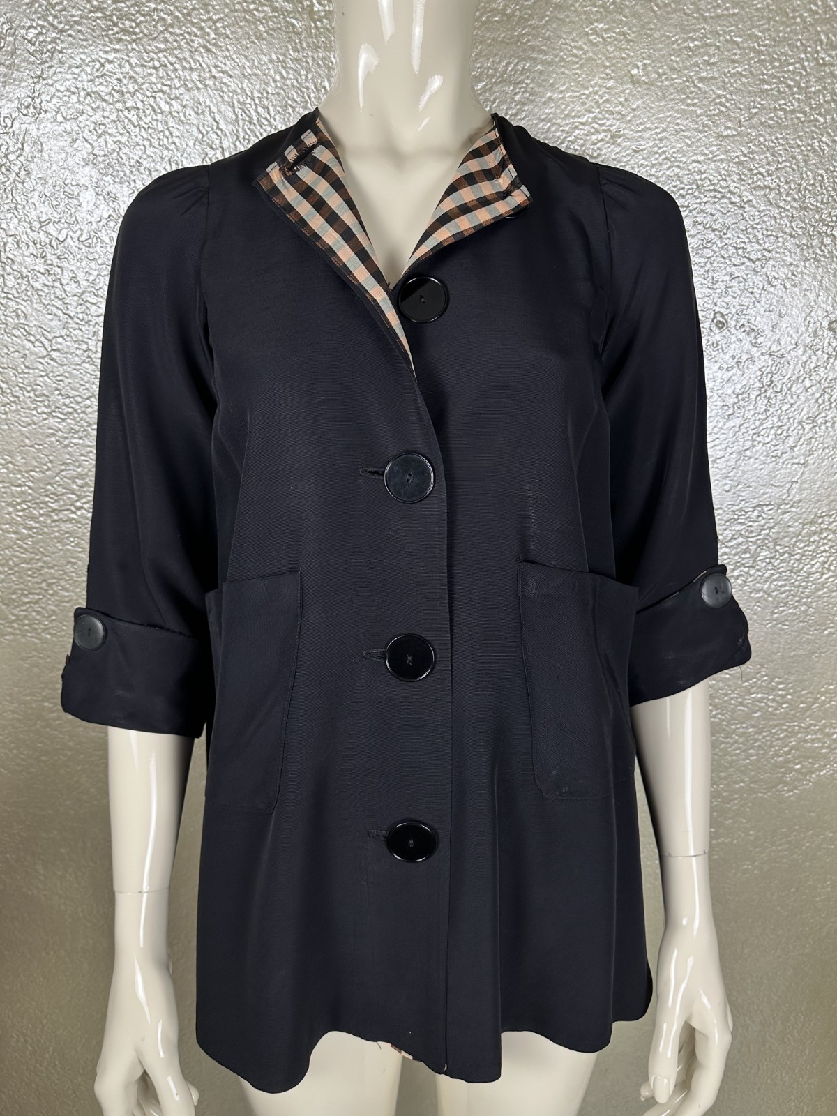 Vintage 1940’s Handmade Black Satin Rayon Jacket Lightweight ¾” Sleeve Petite