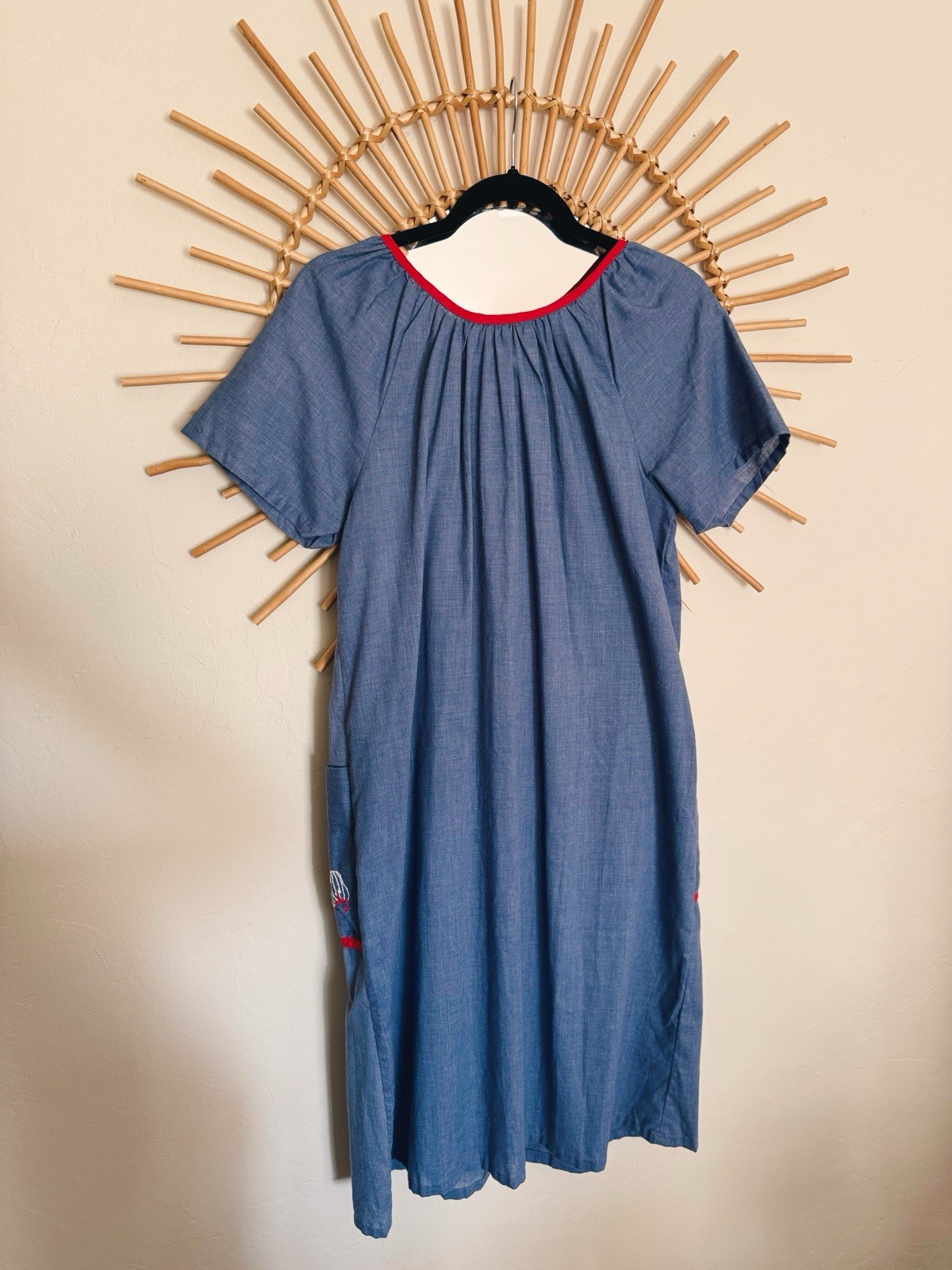 Vintage 1970s Plaza 9 Embroidered Strawberry Blue & Red Mumu Dress Size Medium