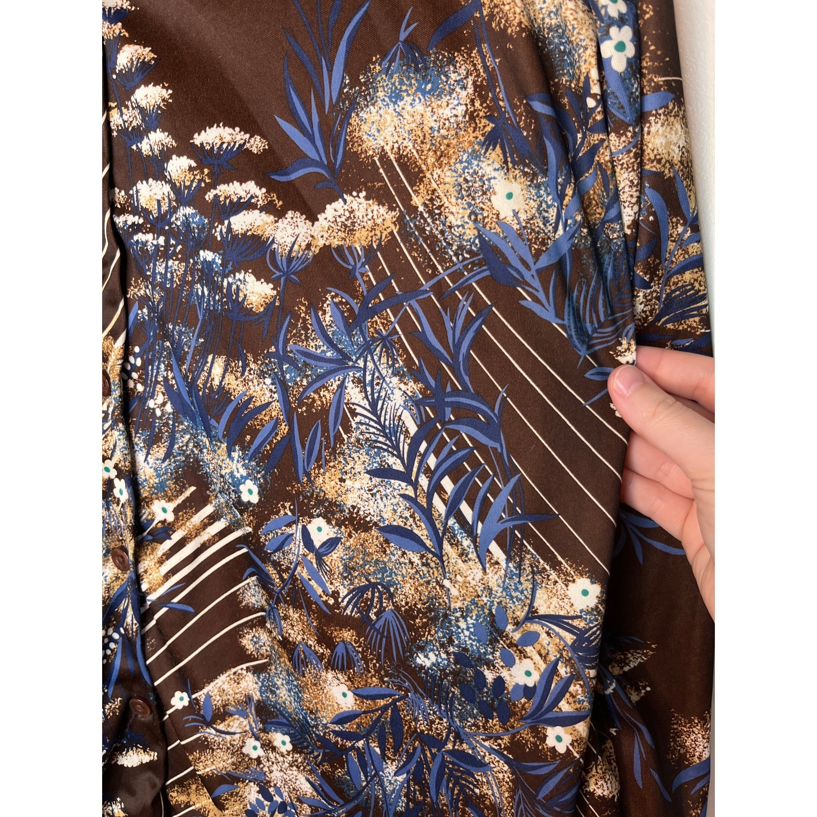 1970s Carol Henry Blue Chocolate Brown Floral Stripe Open Collar Disco Shirt 2X