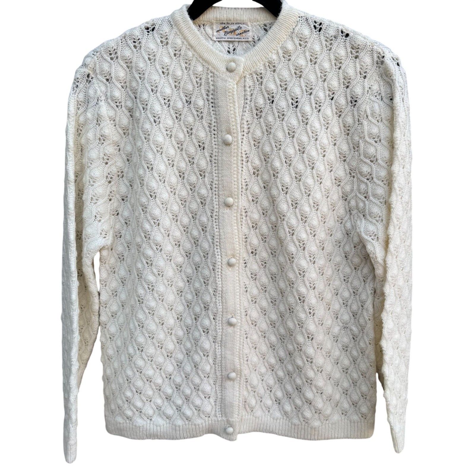 Boepple Sportswear NYC Vintage 60s 70s White Cable Knit Granny Cardigan Sweater