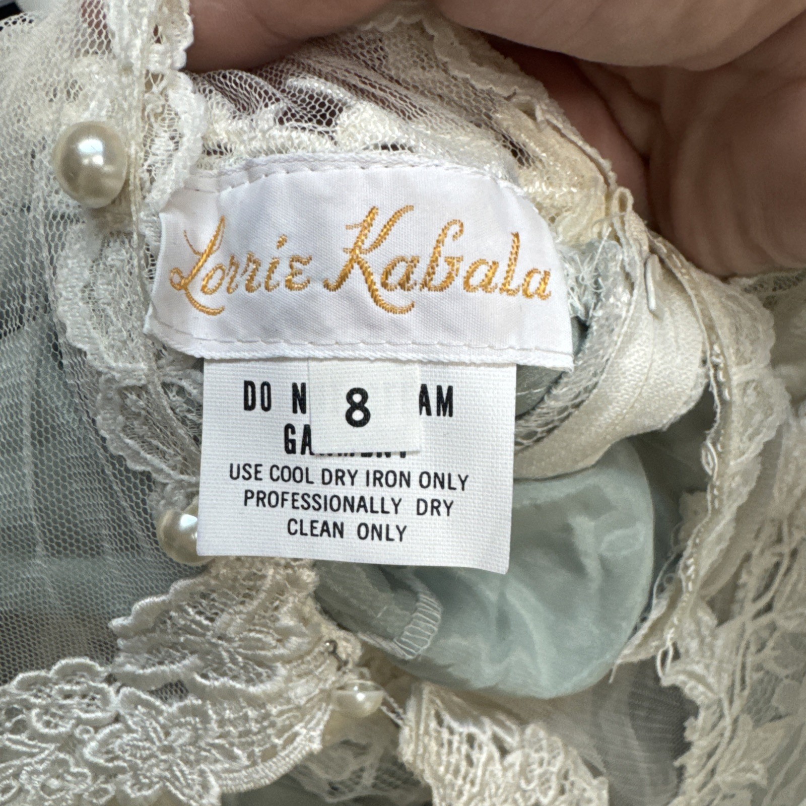 Vintage 80s Lorrie Kabala Lace Dress Victorian M 8 Seafoam Green Cream Lace