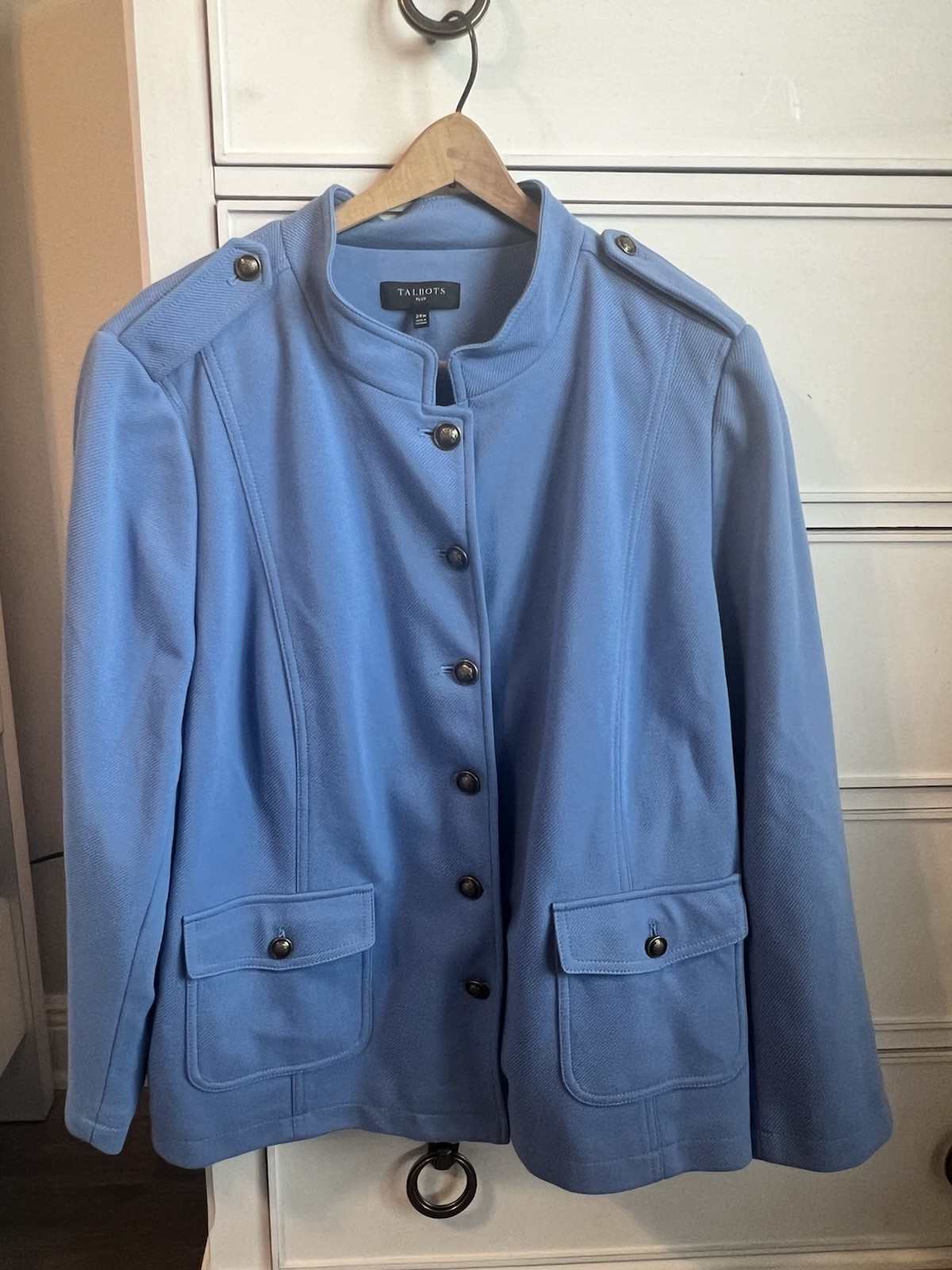 28” Long Women’s Talbot Sz 24, Button Down Baby Blue Coat.