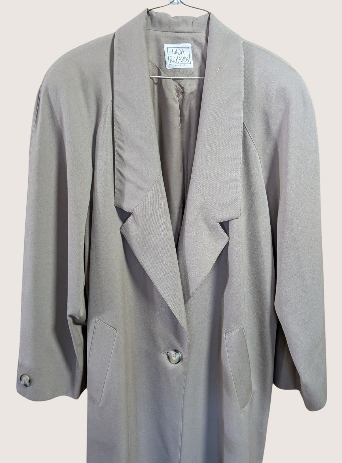 VTG Linda Richards Beige Womens Wool Trench Coat Button Front Duster USA Size 12