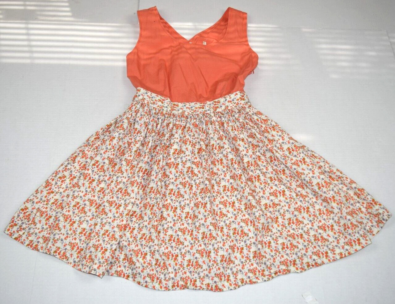 Vintage Dress Size S 70s Peachy Orange White Floral Skirt Crisscross Back