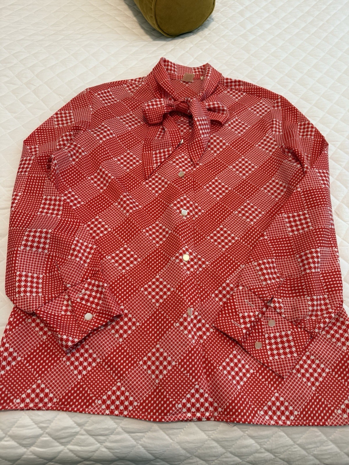 Vintage 1970s Red And White Patterned Blouse With Bow Necktie