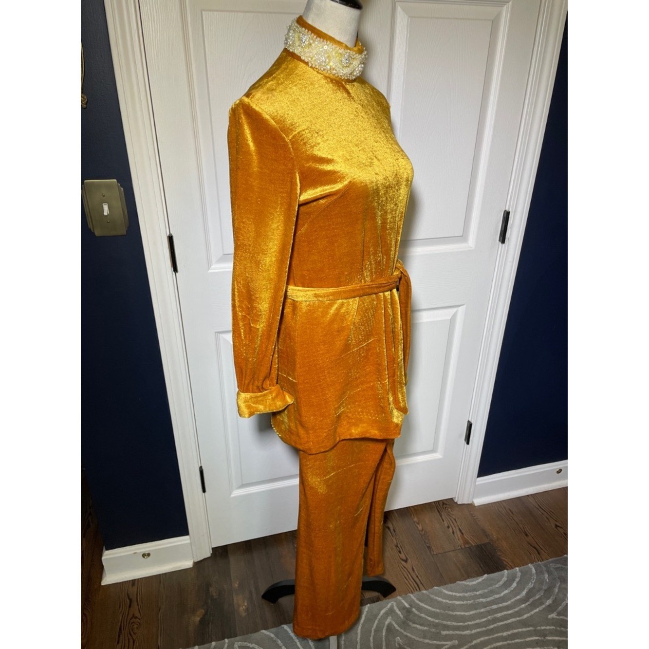 Vintage Golden Velvet Two-Piece Set with Embellished Beaded Collar 60s 70s