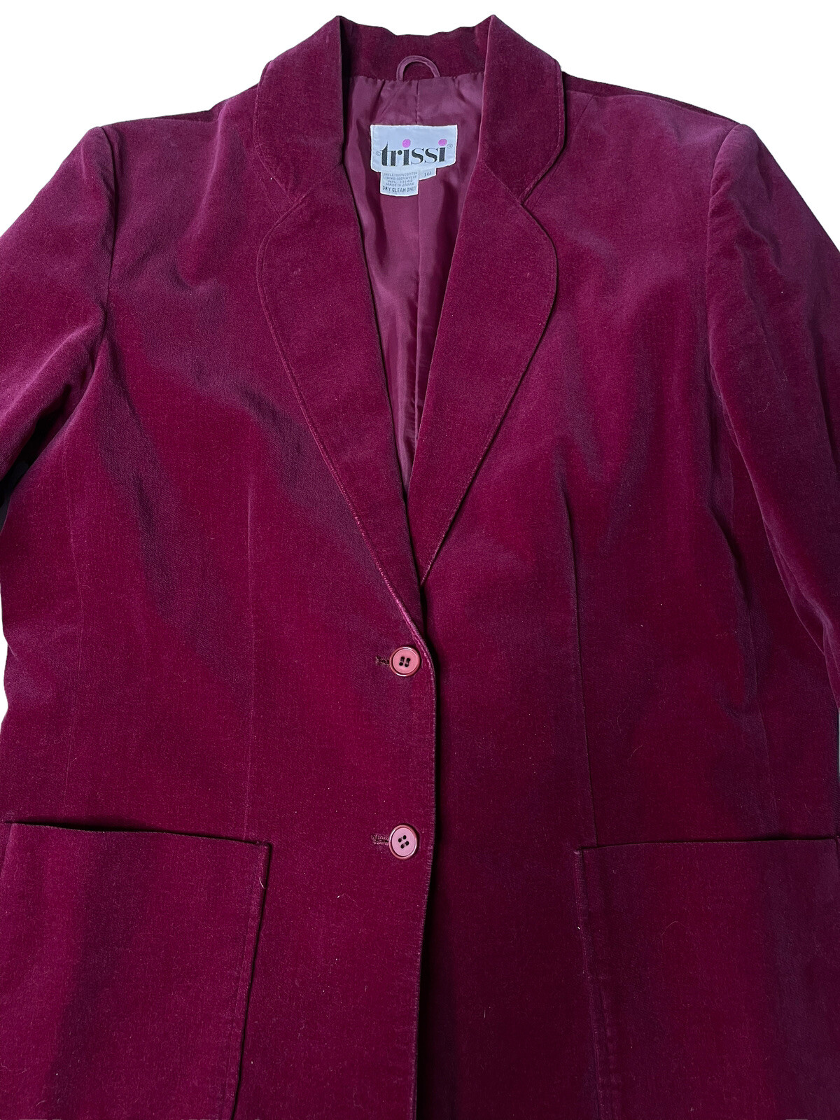 Vintage Trissi’s Woman Velvet Blazer Size 16 Burgundy Wine Shoulder Pads Bust 39