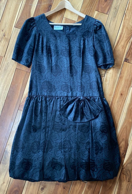 Vintage 80 Black Short Sleeve Dress Bow Puff Rose Print Prom Midi Size 10-12