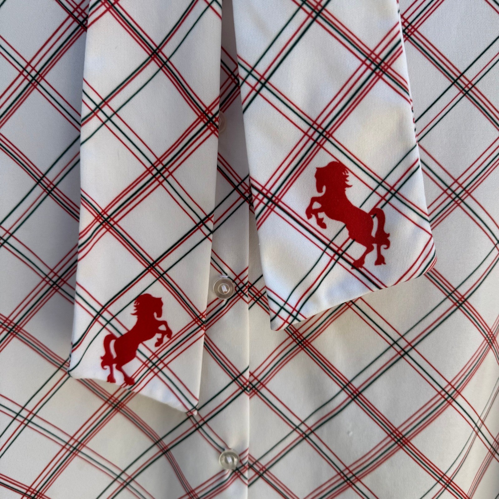 Vintage 70s Bow Tie Neck Blouse Plaid Equestrian Horse Print Americana Retro USA