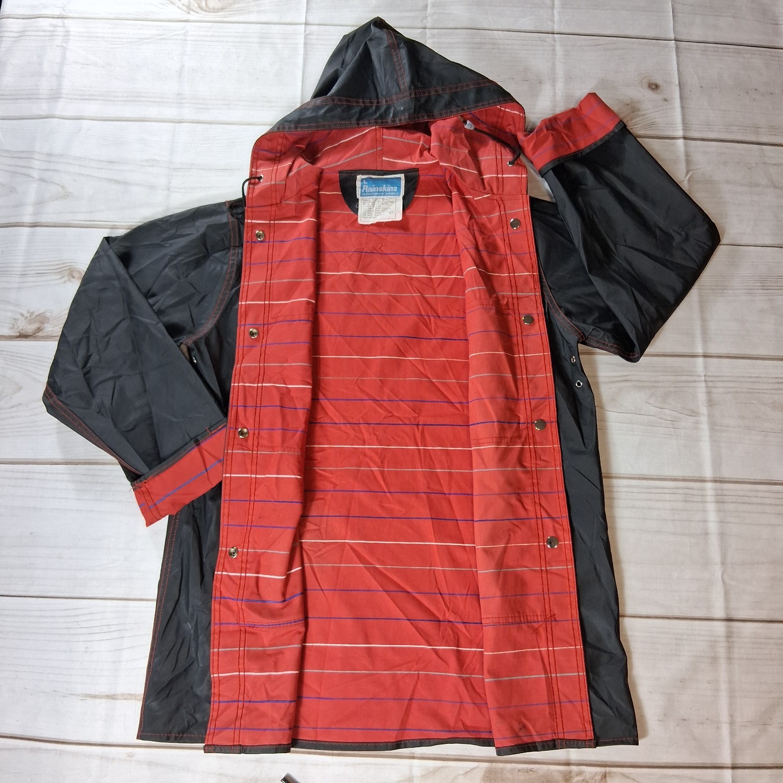 Rainskins Vintage 1980s Hooded Vinyl Raincoat Womens Size L Black Snap Front