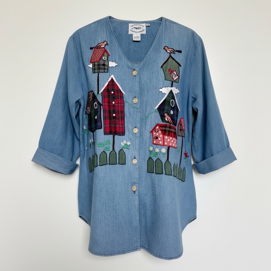 Vintage Women’s 14 Cottage Core Granny Denim Embroidered Birdhouse Top *READ*