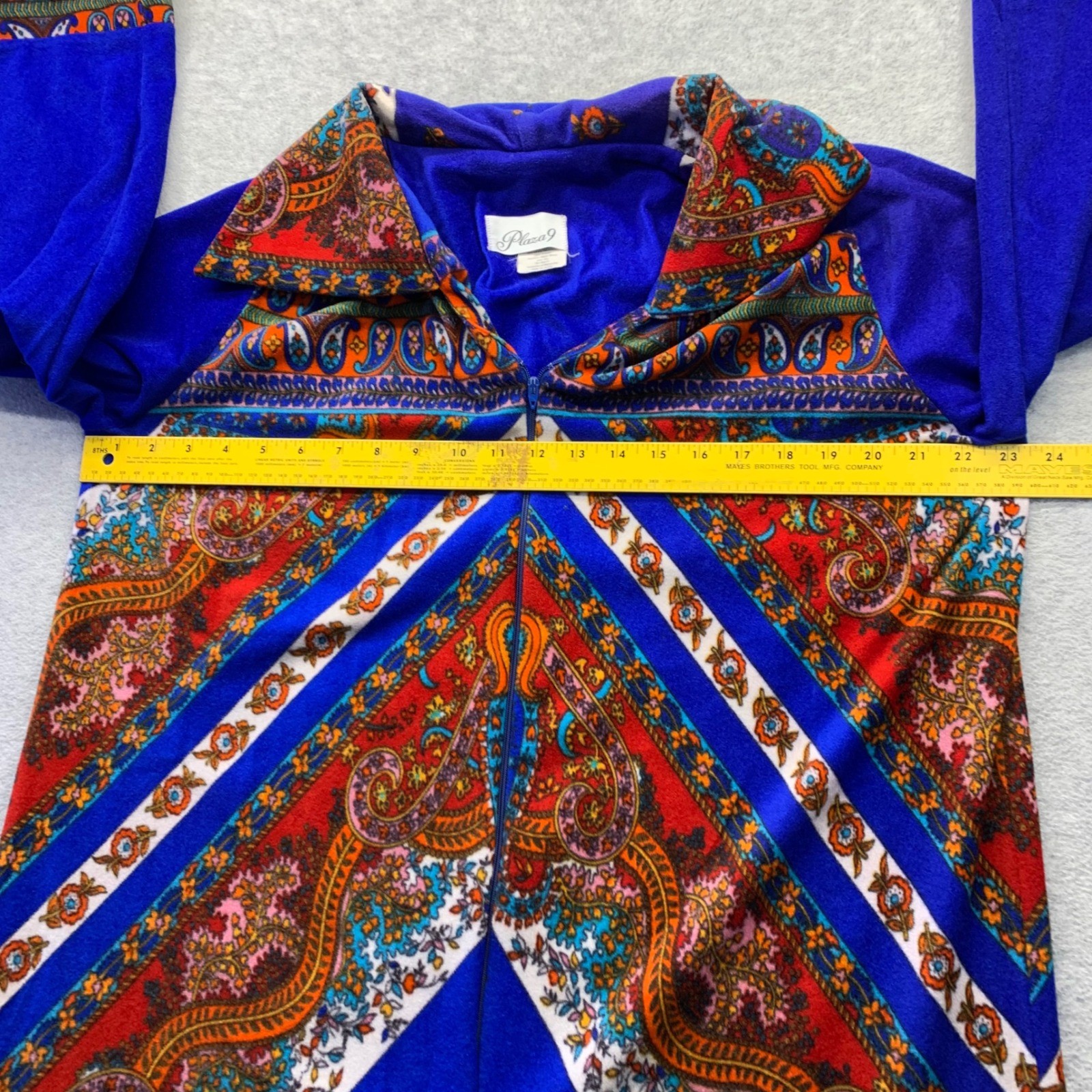 Vtg Plaza 9 Blue Psychedelic Paisley Geometric Velour Robe House Dress 70s Sm/Md