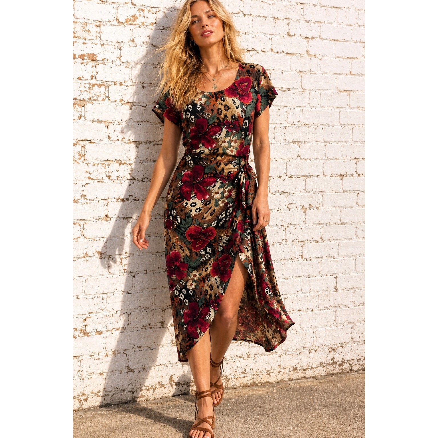 Vintage Paquette Too Brown Rayon Floral Leopard Wrap Midi Dress Dark Romantic 14