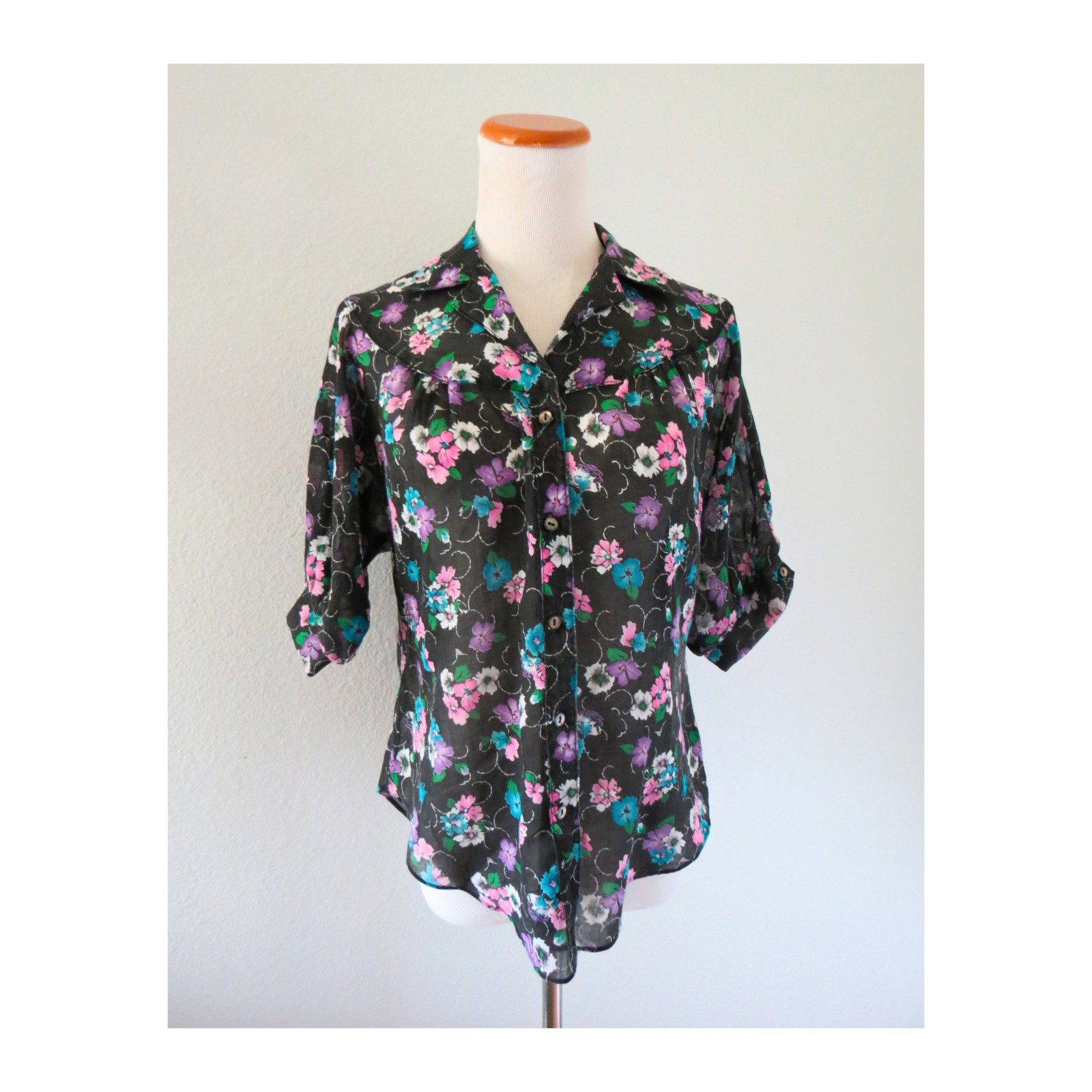 Vintage 1970s Sheer Floral Blouse – Black Button Down Shirt – 70s Boho Top