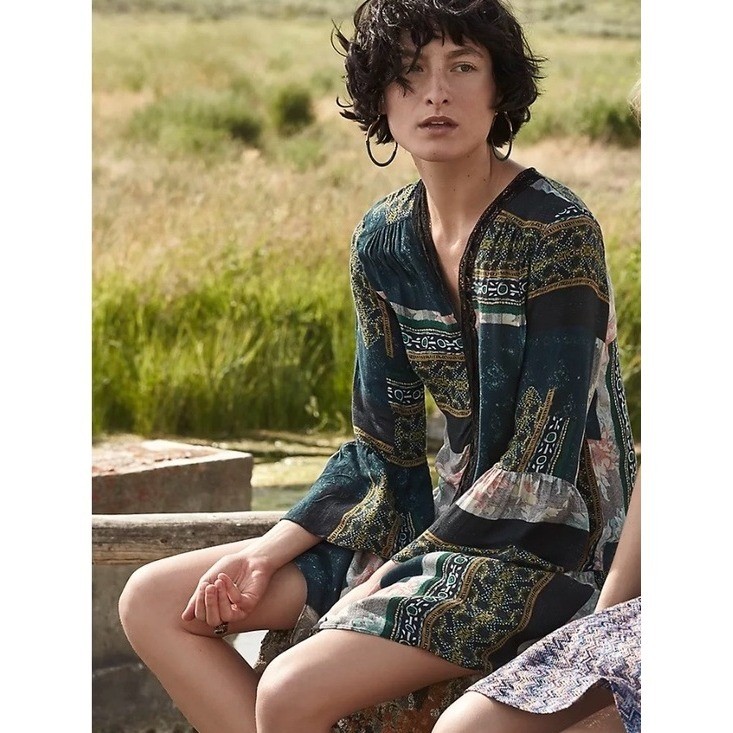 Anthropologie Maeve Patchwork Lace Trim Peasant Mini Dress Tunic Green Size XS