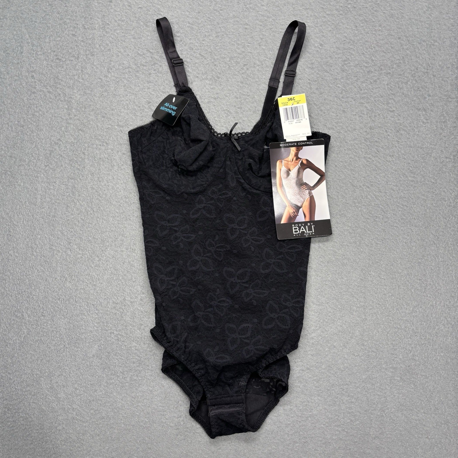 Vintage NWT BALI 36C Lace Black Built in Underwire Bra Shaping Bodysuit #7432