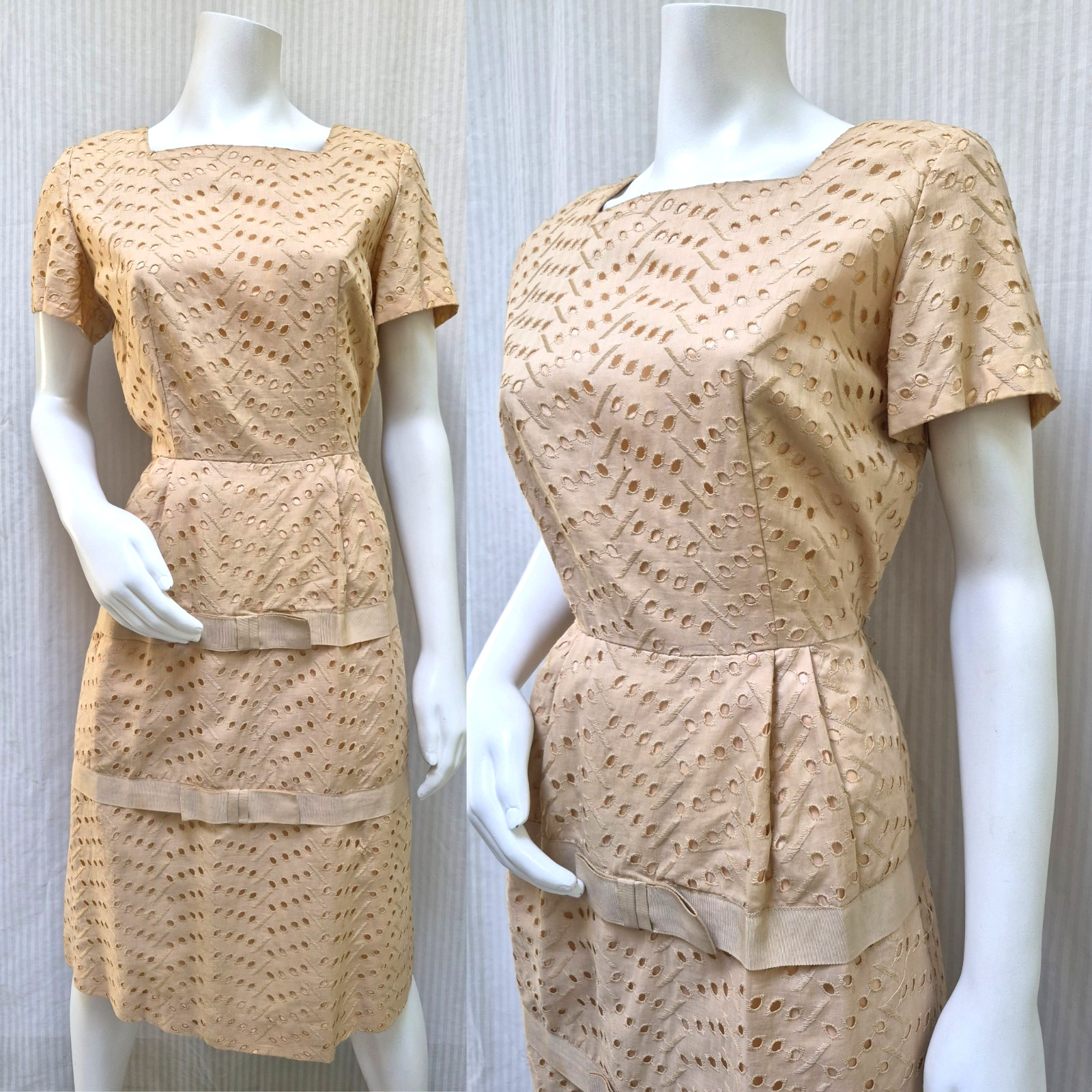 Vintage 1950s Eyelet Embroidered Dress with Grossgrain Ribbon Trim – Size M