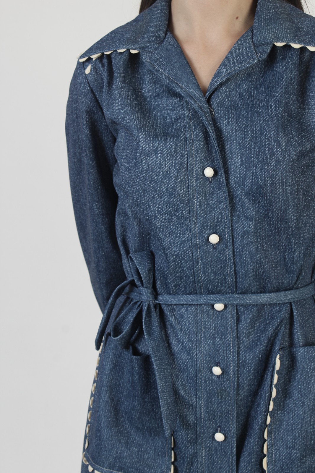 Vtg 70s Chambray Frog Prairie Dress Americana Bandana Belted Ric Rac Trim Maxi