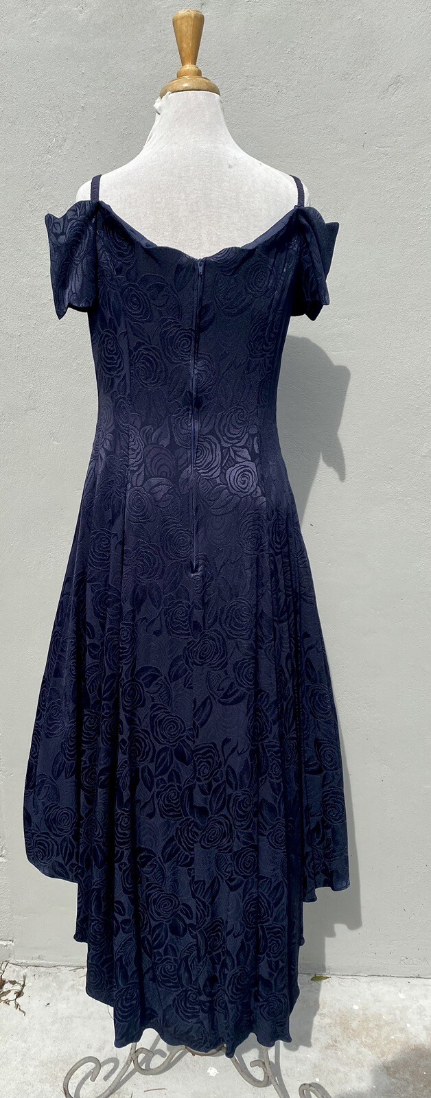 Vtg Hollywood Nites Blue Brocade Floral Formal Dress Midi Sz 14 Crinoline 90s