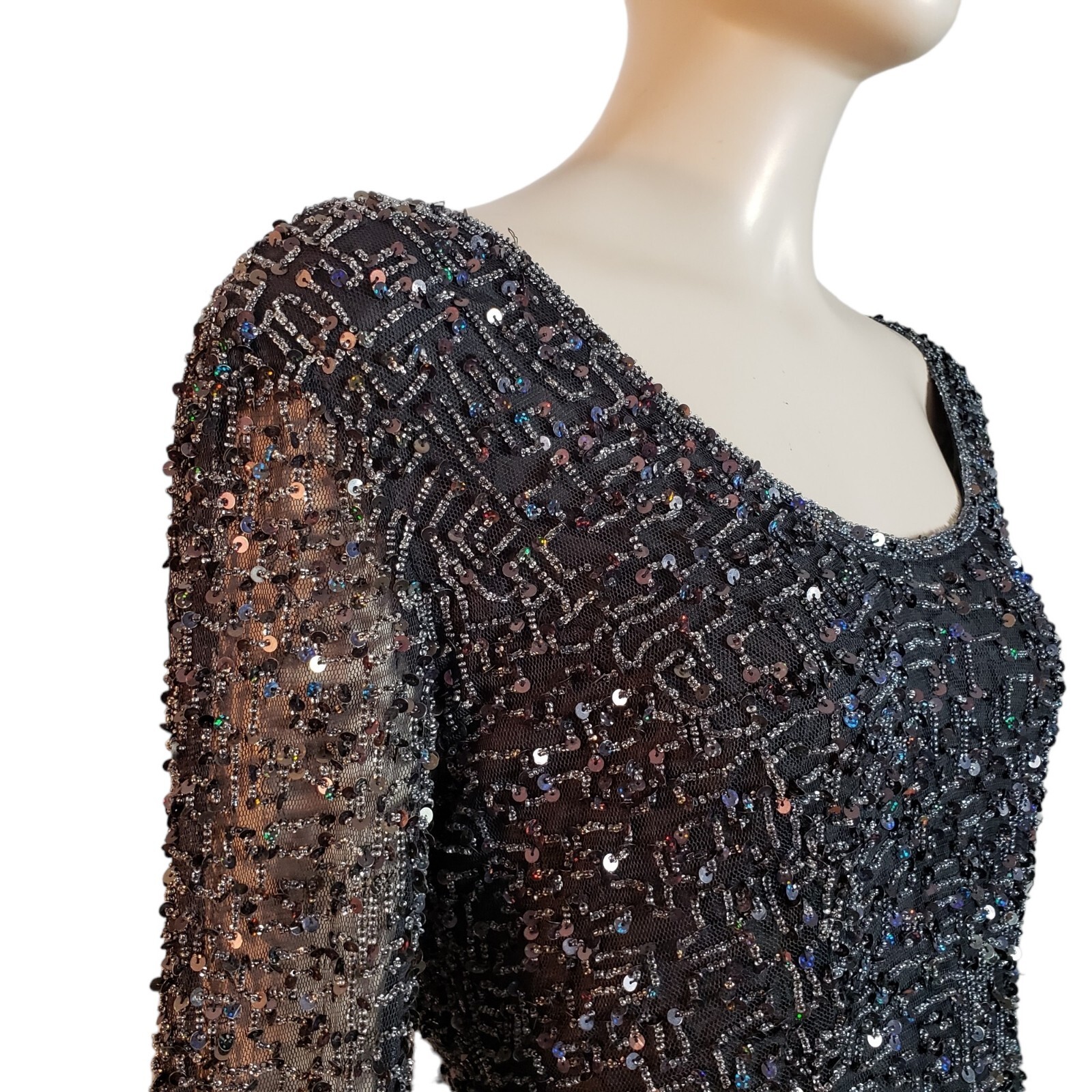 Vintage Riazee Beaded Sequin Mini Dress Black Body Con Long Sleeve Womens 2/4