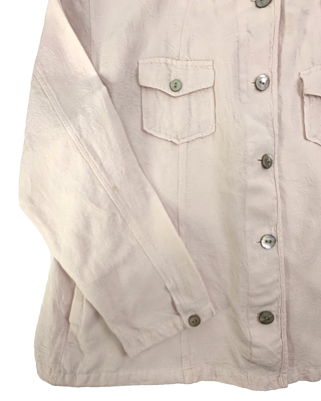 VTG Chico’s Design Linen Blend Jacket Pastel Pink Embossed Mandarin Collar L 3