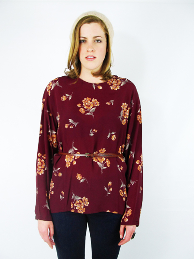Vtg 90s Grunge Boho Burgundy Maroon Fall Floral Print Oversized Blouse Top 16 XL