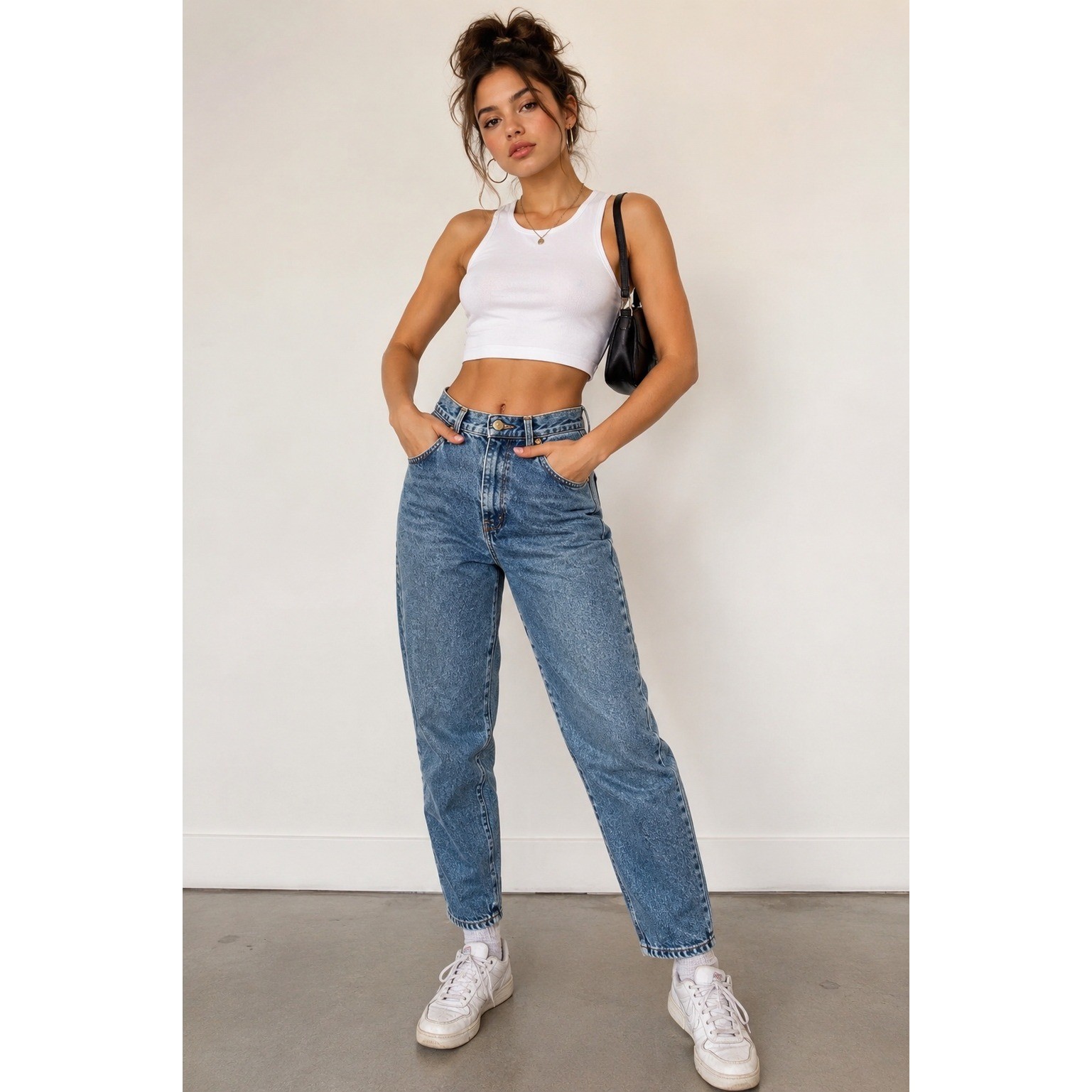 Chic Vintage Mom Jeans High Rise 80s Retro Minimalist Blue Cotton Denim XS 27×29