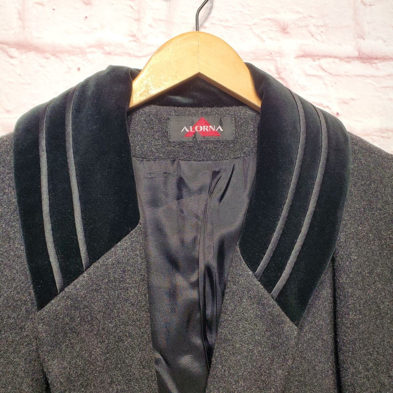 VTG Alorna Gray Wool Coat Trench Long Swing Velvet Trim Thick Warm USA Sz 16W