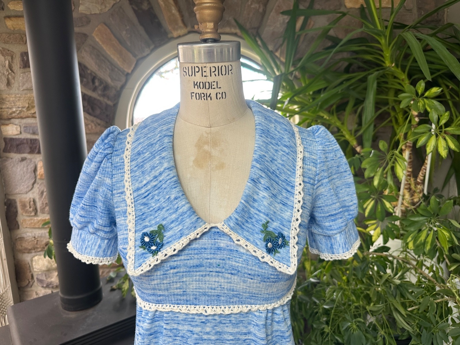 Vintage 1970s Blue and White Variegated Knit and Lace Baby Doll Maxi Dress