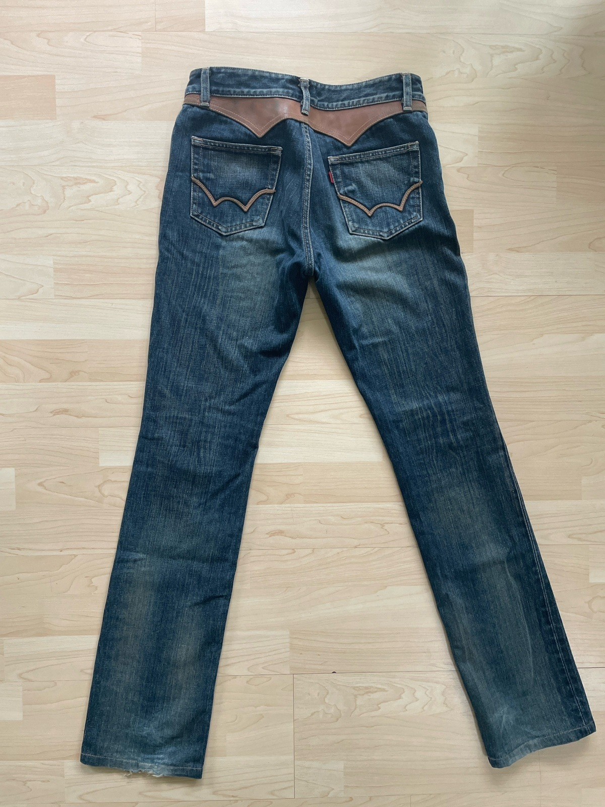 Edwin Vintage Jeans women Blue Bootcut Denim with Leather Trim Distressed