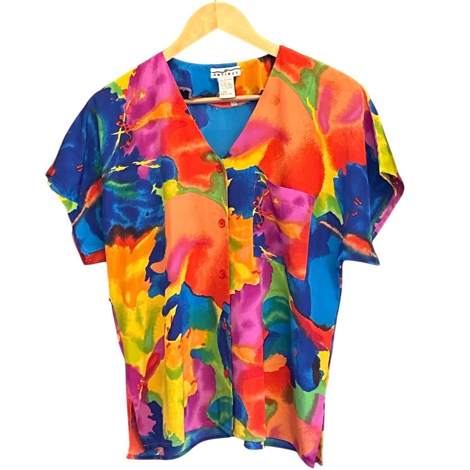 Vintage Antibes Short Sleeve Blouse Abstract Watercolor Art To Wear Maximalist