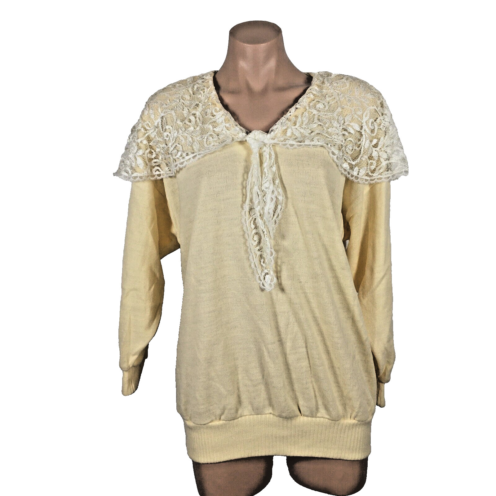 Vtg 80s Lace Boat-neck Front Tie Yellow Pullover Sweater Shoulder Pads USA Sz M