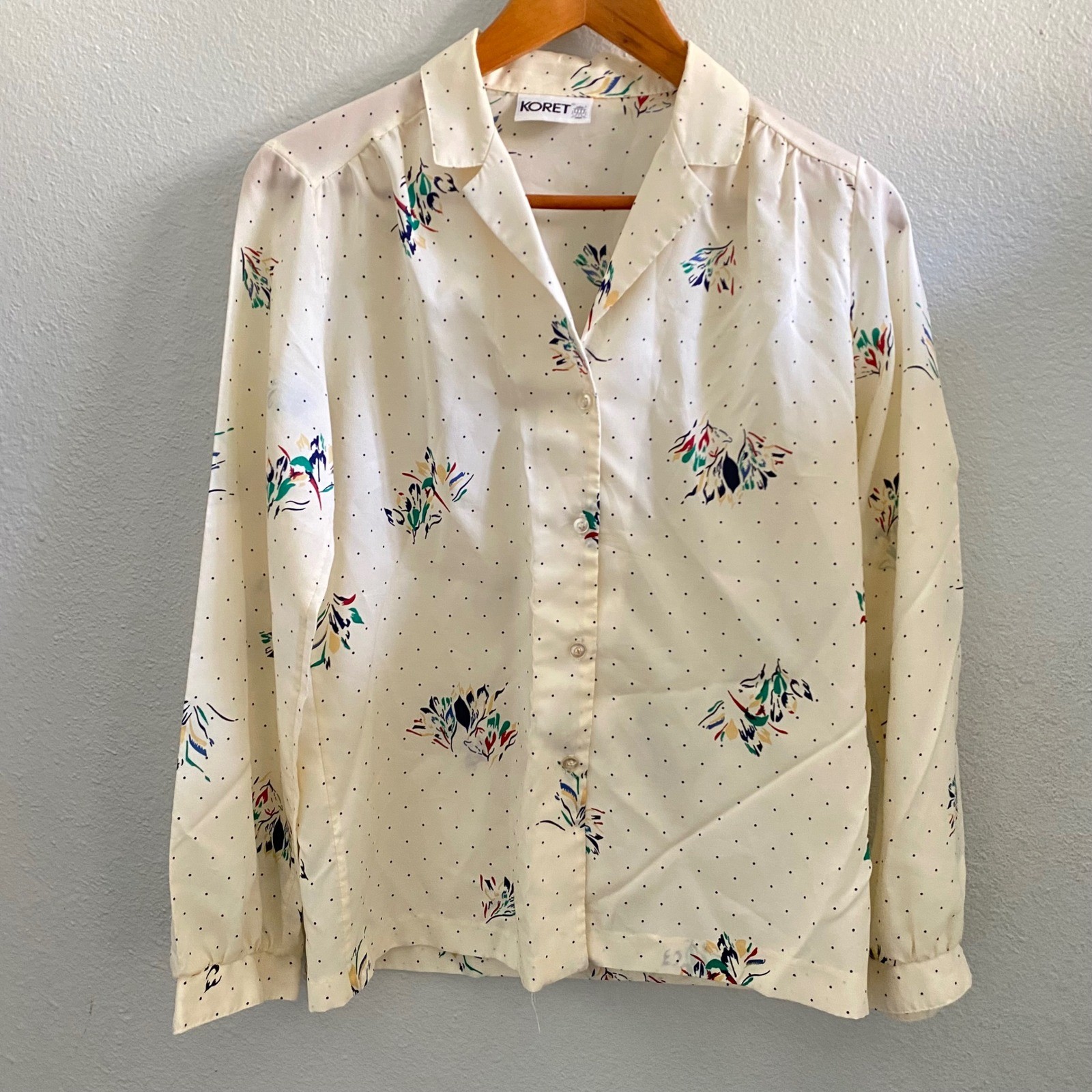 Vintage Koret Polka Dot Floral Button Down Blouse Cream Made in USA ILGWU Tag