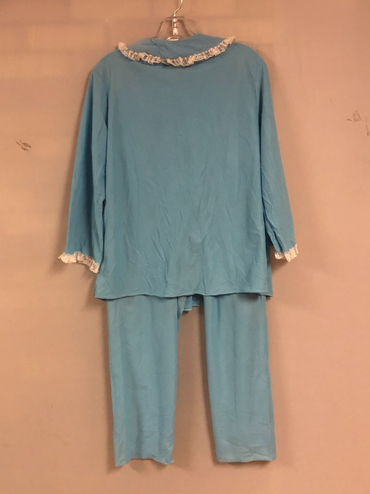 Vintage 70s Blue Pajama Set M Acetate Nylon Lace Smocked Floral NOS USA