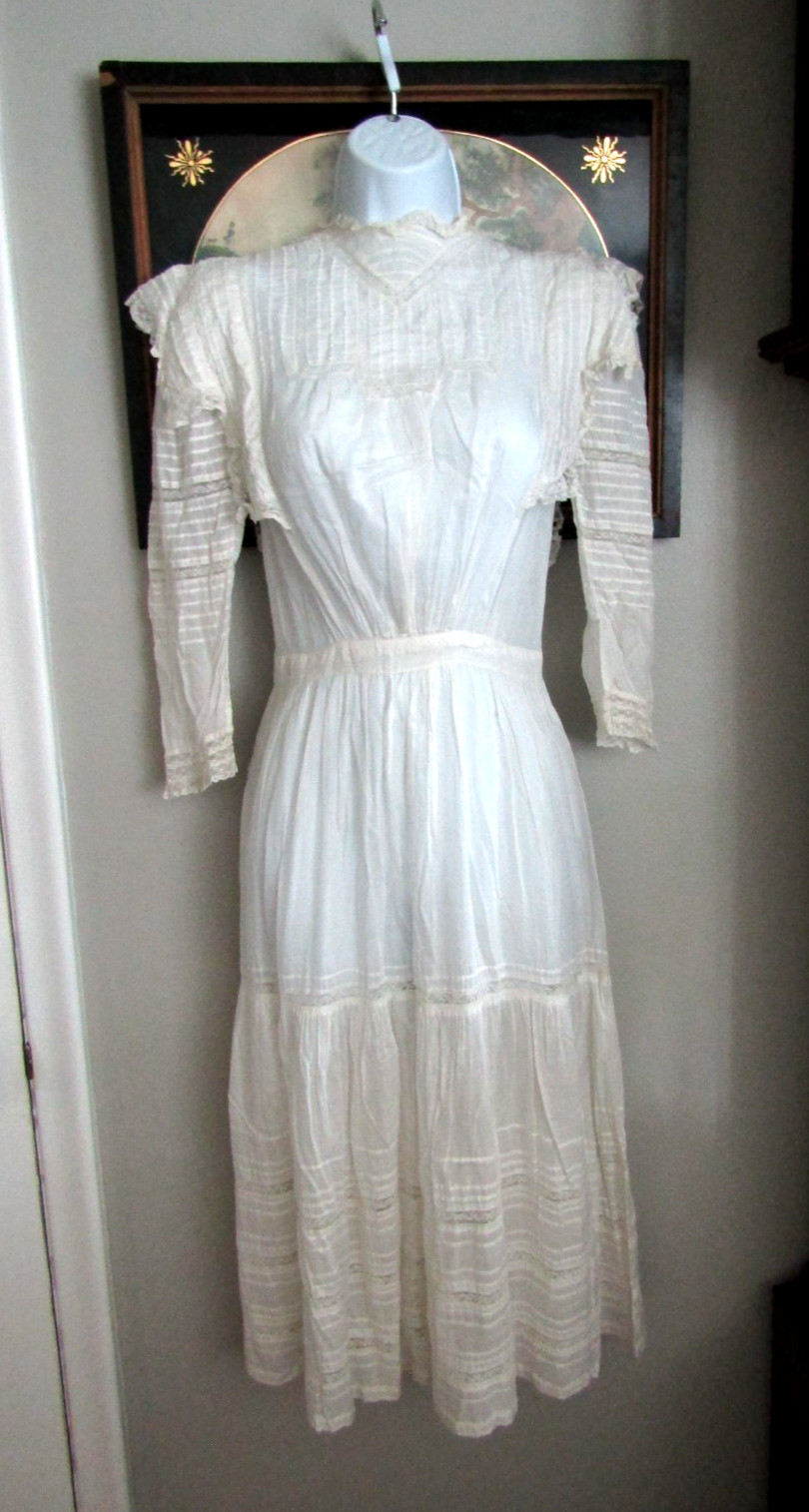 Vtg 1890- 1910 Victorian Edwardian DAY DRESS Lace Lawn Cotton FINE Handmade Lace
