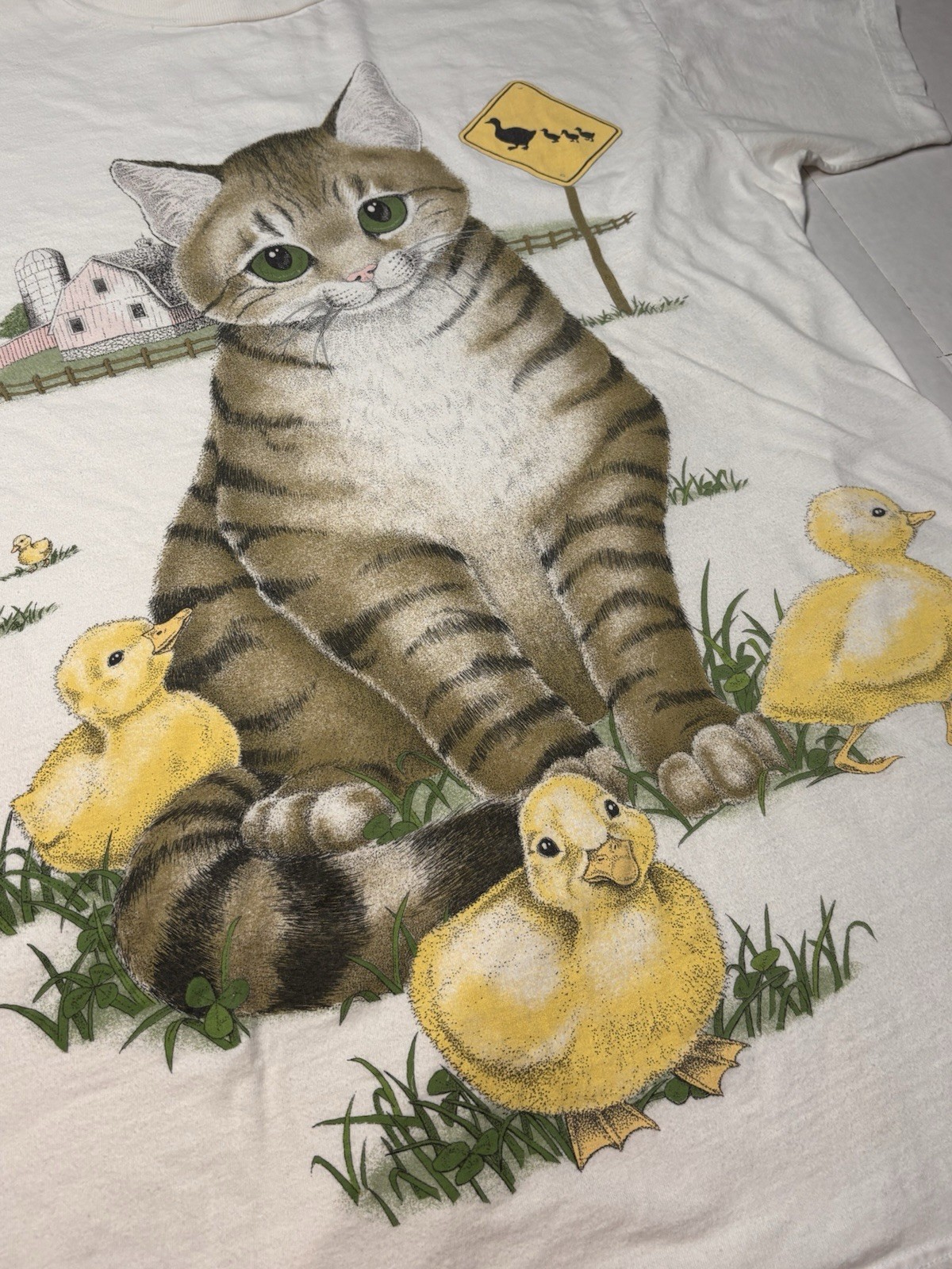 Vintage Cat Duck Graphic T Shirt Farm Cottagecore Animal Tee Large