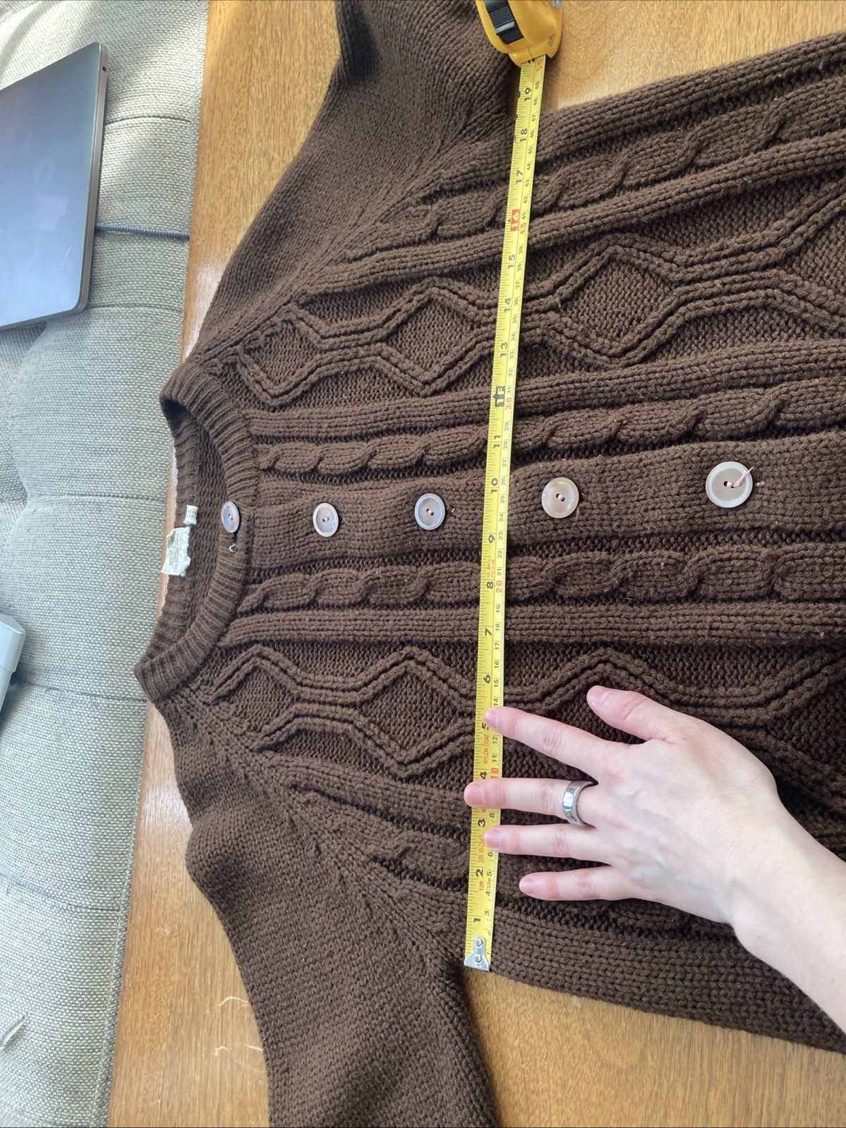 Vintage 1970s Women’s Brown Knit Cabled Acrylic Button Down Cardigan House Coat